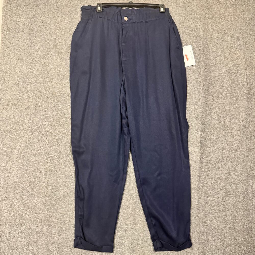 Bar III Womens Pants Size XL Blue Paper Bag Waist Tapered Leg Rolled Cuff Navy